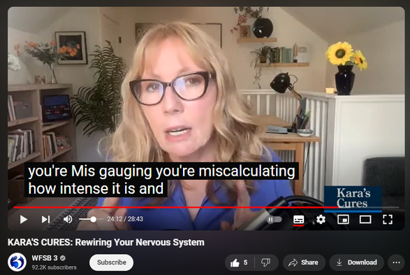 https://www.youtube.com/watch?v=kDttryQpGmA
KARA'S CURES: Rewiring Your Nervous System

98 views  Streamed live on 30 Sept 2024
Anna Runkle talks about her new book, Re-Regulated: Set Your Life from Childhood PTSD and the Trauma-Driven Behaviors That Keep You Stuck.