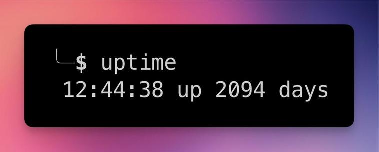 The image displays a terminal command output showing the system uptime. It reads "$ uptime" followed by "12:44:38 up 2094 days" against a gradient background.
