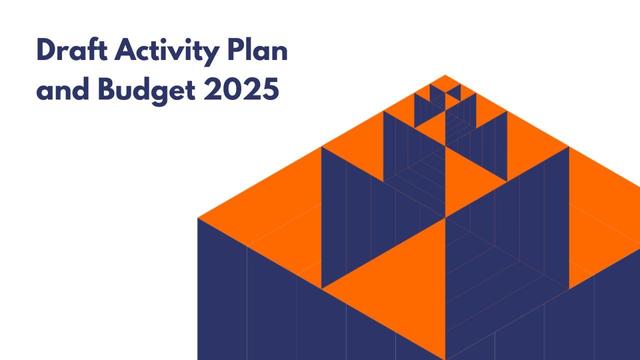 The front page of the Draft Activity Plan and Budget 2025 shows a hexagon made up of blue and orange triangular shapes. 