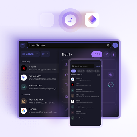 An illustration of the Proton Pass user interface highlighting the ability of switching to Proton Pass.