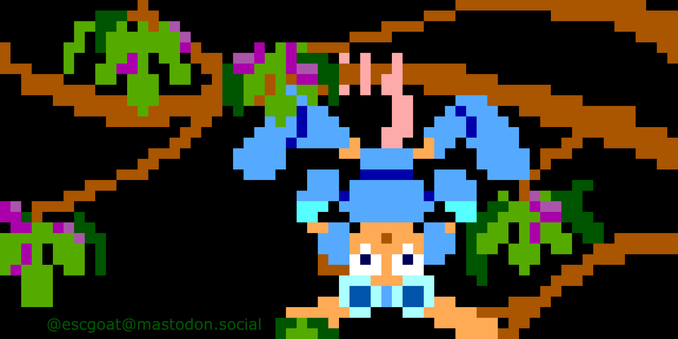 Fig tree branches on a black background.  There are clumps of green fig leaves and purple figs. Hanging upside-down by his tail from the center branch is Sparkster from Rocket Knight Adventures. He is a tan opossum in aviator goggles and blue armor.