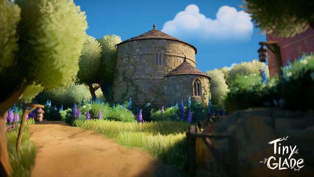 A screenshot from the game Tiny Glade. On the middle of a meadow, you can see the Cieszyn Rotund of Saint Nicholas.