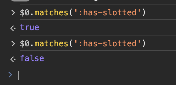 DevTools in Chrome Canary with Experimental Web Features flagged on showing the successful test of a `:has-slotted` selector against a `<slot>` element... 💥