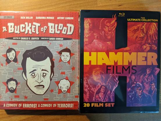 Shot of Blu-ray covers of Roger Corman's Bucket of Blood and a collection of 20 horror films from Hammer Studios