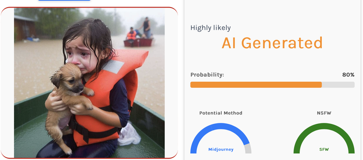 Fake photo of a small girl and puppy in a boat, supposedly in western North Carolina. It's AI generated, in all probability. 