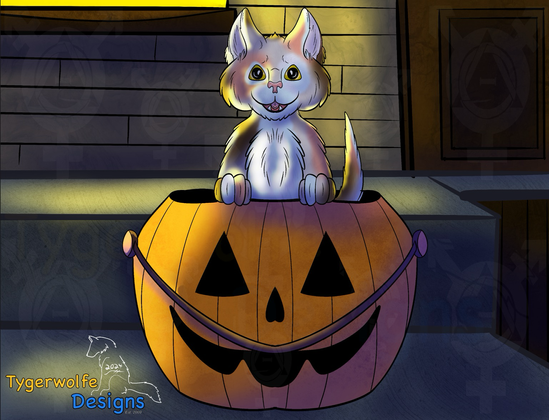 A drawing of a calico kitten popping up out of a Jack-o-lantern shaped treat bucket, sitting on a dimly lit front porch.