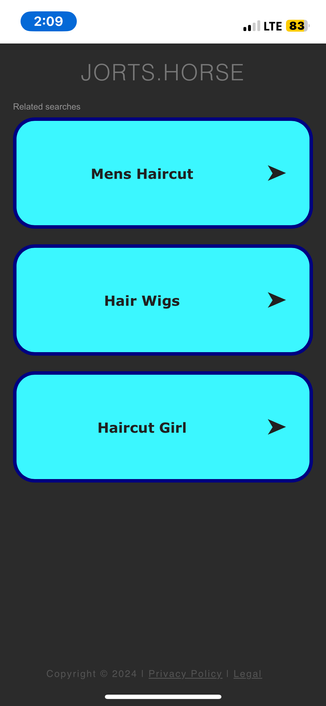 screenshot of the domain parking page for jorts.horse (because jorts is down for some reason).  there are links to “related searches: Mens Haircut - Hair Wigs - Haircut Girl”