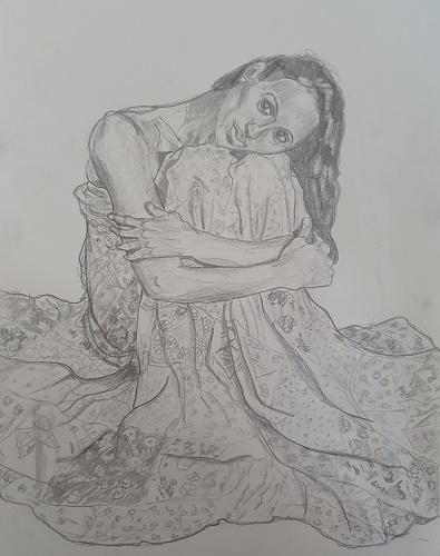 ID Beautiful long dark haired woman sat on floor with knees bent up and head resting on one side on her knees. She is wearing a patchwork floral dress - it is drawn in graphite pencil.