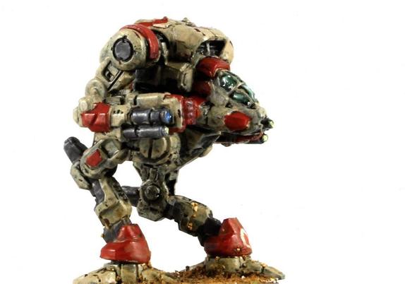 A generic Stormcrow Prime miniature painted in Clan Blood Spirit's Alpha Galaxy scheme: desert tan with red highlights. The mini is facing right, and its hunched pose looks like it's preparing to receive some incoming missile and/or AutoCannon fire while alpha striking its target.

Who knows? I'm keeping my hopes up for a 2d6 resulting in a 2 or 12 >:)