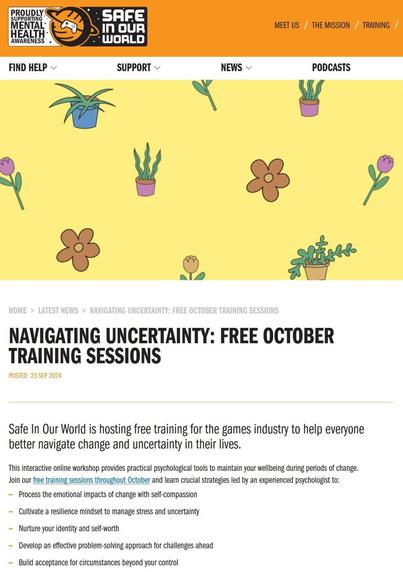 Image from the Safe In our World event page for their 'Navigating Uncertainty: Free October Training Sessions' it has a colourful yellow wallpaper with flowers and potted plants and text outlining the content of the events.