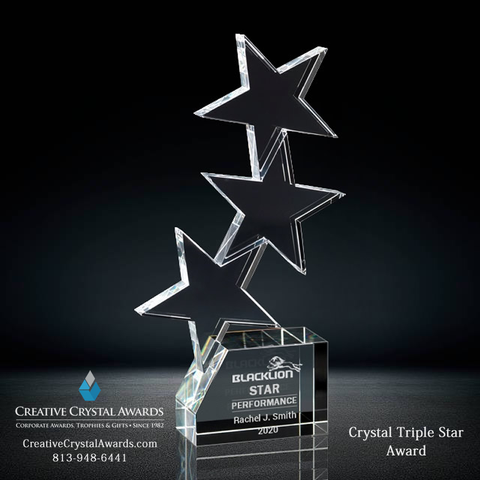 Optical crystal star award, crystal 3 star award, triple star crystal award, custom crystal triple star award, 3 star crystal award, crystal star trophy, star crystal trophy, star shaped crystal award, crystal star shaped award, corporate crystal award, high end crystal award, crystal awards supplier USA β Creative Crystal Awards USA