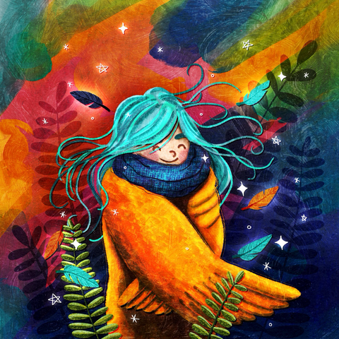 Farbenfrohe Illustration von einem blauhaarigen Mädchen eingewickelt in eine gelbe Federdecke