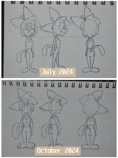 My character, an anthropomorphic cat, was drawn twice, one version was done 3 months prior to the other.