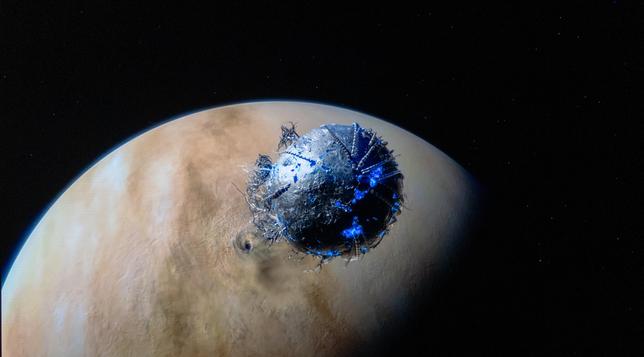 A screen grab from S3E6 of the TV series The Expanse, showing a grey metal and glowing blue ship built by the protomolecule flying near the planet Venus.