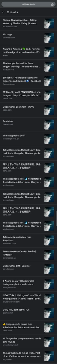 Screen capture of a Google search results page on a mobile device, displaying 38 results. Each result features a thumbnail image on the right side and text details on the left. The thumbnails mostly depict an underwater scene with a person sitting on the edge of a submerged cliff. The search results include a mix of website names and article titles, with some text in various languages including English, Thai, Russian, and Japanese. At the top, the search bar shows “google.com.”  [Alt text by ALT Text Artist GPT]