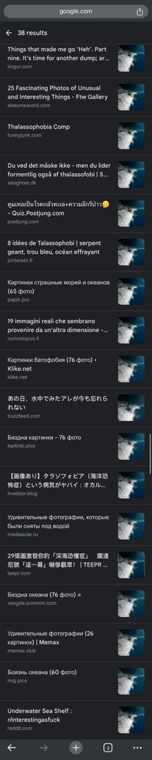 Screen capture of a Google search results page on a mobile device, showing 38 results. Each result includes a thumbnail image on the right side, mostly depicting an underwater scene with a person sitting on an underwater cliff. The left side features titles and website information in multiple languages, including English and Chinese. The results are from various websites such as SoundCloud, Pinterest, X (formerly Twitter), Medium, Facebook, YouTube, and Instagram. The search bar at the top reads “google.com.”  [Alt text by ALT Text Artist GPT]