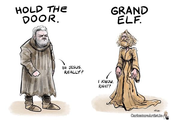 Cartoon of Hodor from Game of Thrones and Gandalf from Rings of Power. Above Hodor it says Hold the Door. Above Gandalf it says Grand Elf. Hodor says, quietly, "oh jesus, really?" and Gandalf replies "I know right?"