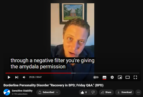 https://www.youtube.com/watch?v=OIh7LcBfaWQ
Borderline Personality Disorder "Recovery in BPD; Friday Q&A." (BPD)

 
 views  
4 Oct 2024
In this episode of the BPD Live Show with Sensitive Stability, host Kevin Reynolds discusses the topic  "Recovery in BPD; Friday Q&A."  As a BPD survivor himself, Kevin provides insights into his process of coaching clients through BPD, emphasizing the importance of personal connections and understanding individual stories.