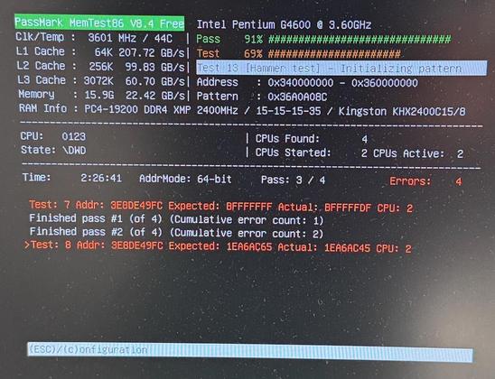 Picture of a running MemTest86 test with memory errors.