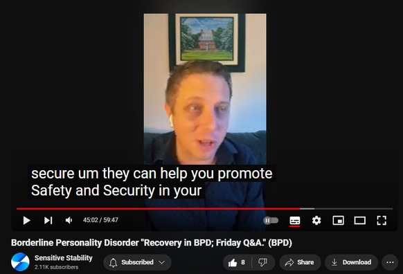 https://www.youtube.com/watch?v=OIh7LcBfaWQ
Borderline Personality Disorder "Recovery in BPD; Friday Q&A." (BPD)
  
4 Oct 2024
In this episode of the BPD Live Show with Sensitive Stability, host Kevin Reynolds discusses the topic  "Recovery in BPD; Friday Q&A."  As a BPD survivor himself, Kevin provides insights into his process of coaching clients through BPD, emphasizing the importance of personal connections and understanding individual stories.