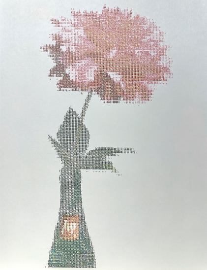 ASCII art from a dot matrix ImageWriter II in color of a pink flower in a green bottle. 