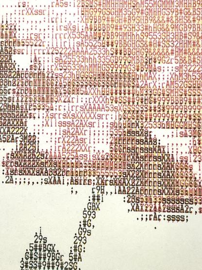 Detail from an ASCII art from a dot matrix ImageWriter II in color of a pink flower in a green bottle. The detail show the flower closeup is made from ASCII text with the four CMYK colors overlapped. 