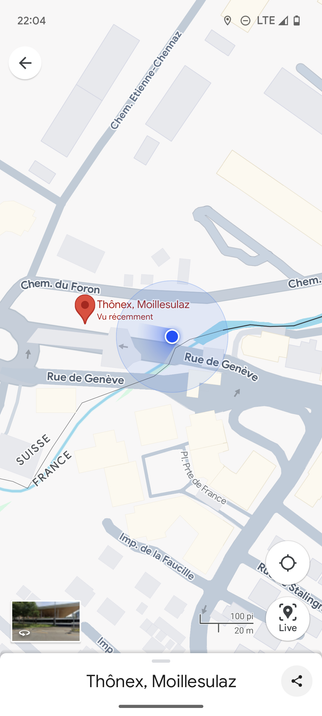 Capture d'écran de Google maps à la frontière entre Ambilly (F) et Thônex (CH).