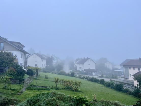 view of a southern german village with single family homes and a green turf in the foreground, all bathed in a thick white mist, obstructing the view in the distance 