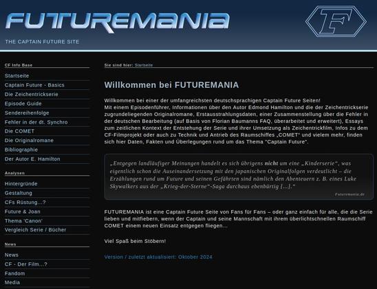 Screenshot der Haupt- bzw. Startseite (index) von Futuremania.de mit dem Zitat, dass es sich nicht um eine Kinderserie handelt...
(Oben der 