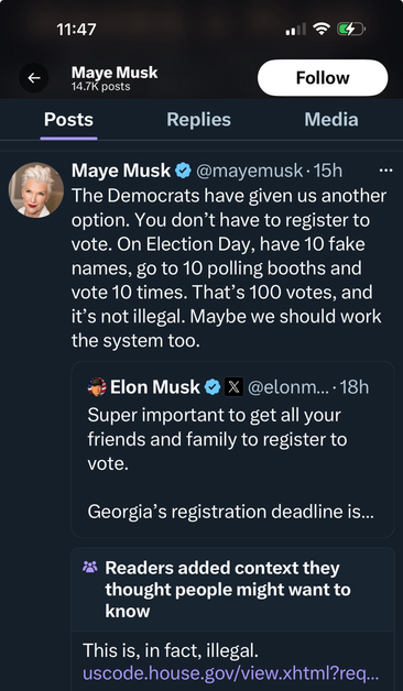 screenshot from a post from Elon Musk‘s mother on X where she sent people to go to bowling boots and vote 10 times with fake nsmes