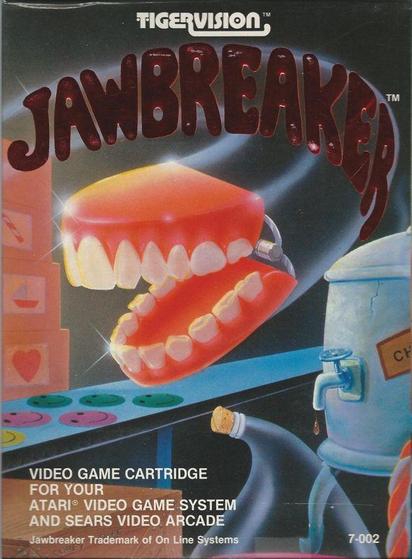 a disembodied set of gums and teeth with a hinge, flying through the air in a factory with a conveyor belt. a glass bottle(?) and water tank(?) can also be seen. smiley faces are on the conveyor belt. the title font is curved in the direction that the teeth are flying.