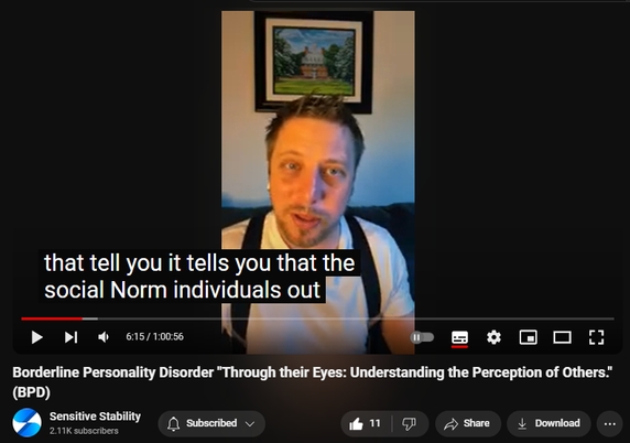 https://www.youtube.com/watch?v=8kUYoNxWp7M
Borderline Personality Disorder "Through their Eyes: Understanding the Perception of Others." (BPD)
60 views  27 Sept 2024
In this episode of the BPD Live Show with Sensitive Stability, host Kevin Reynolds discusses the topic "Through their Eyes: Understanding the Perception of Others."  As a BPD survivor himself, Kevin provides insights into his process of coaching clients through BPD, emphasizing the importance of personal connections and understanding individual stories.