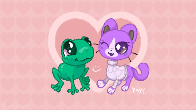 Lollipop and Balloony as Littlest pet shops, Balloony is a frog with the Sportiest eye personality and Lollipop is a short hair cat wearing a sweater with the Fanciest eye personality. Hearts are in the background with a big heart around the two <3
