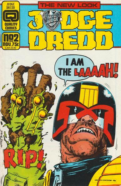 The front cover of Judge Dredd, Vol 2, No 2 for November 1986, with cover art by Steve Dillon of a transforming Judge Dredd, from the story Cry of the Werewolf.