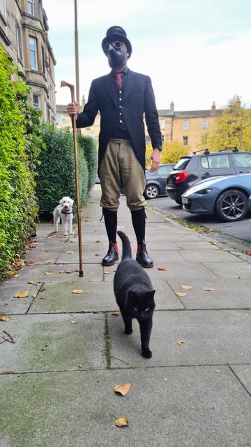 Man with beard dressed in light tweed plus fours, a black top hat &plague doctors mask carrying a bird headed wooden staff, he has black and red boots, red tartan flashes on his long black socks, a black coat with tails, silver buttoned waistcoat and a tartan tie that matches the flashes, standing on street eptj hedges to one side,  cars another a grey haired Bedlington Terrier dog in the background,  a black cat in forefront walking towards camera