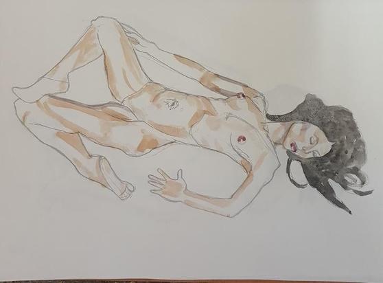 ID watercolour paintings of 3 lying down poses, viewed from above the model has her legs bent in all poses the model has long dark hair, is slim with a sun burst tattooed round her belly button