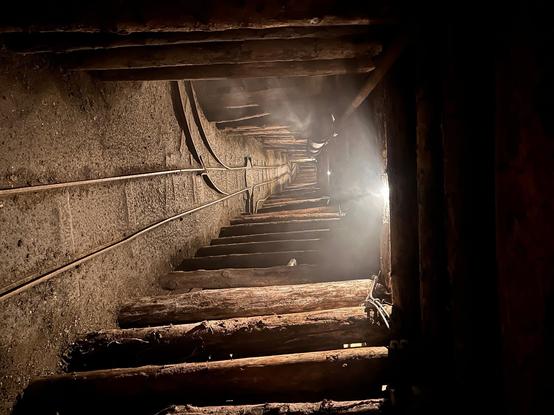 A view into a mine shaft of the Mine in Idrija. The walls are stabilized by sturdy looking tree trunks and in the middle of the path, rails can be seen. 
