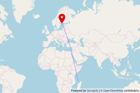 A map showing the great circle route from Tsingoni in France to a map pin at Sunds kyrka, Norra sundsvägen, 22520 Sund, Finland