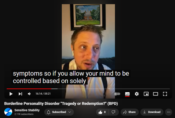 https://www.youtube.com/watch?v=4X5q1od1v9U
Borderline Personality Disorder "Tragedy or Redemption?" (BPD)

64 views  26 Sept 2024
In this episode of the BPD Live Show with Sensitive Stability, host Kevin Reynolds discusses the topic "Tragedy or Redemption?". As a BPD survivor himself, Kevin provides insights into his process of coaching clients through BPD, emphasizing the importance of personal connections and understanding individual stories.