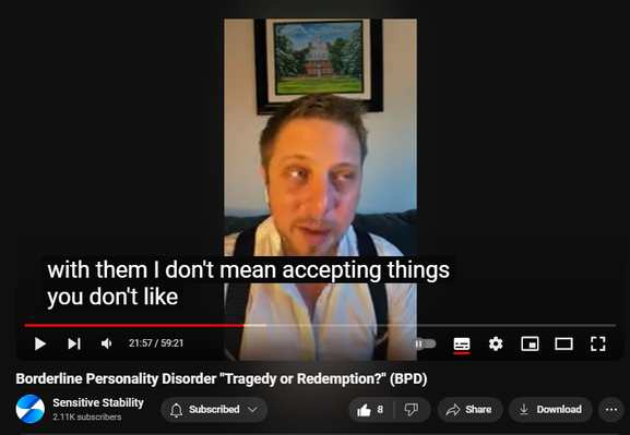 https://www.youtube.com/watch?v=4X5q1od1v9U
Borderline Personality Disorder "Tragedy or Redemption?" (BPD)
64 views  26 Sept 2024
In this episode of the BPD Live Show with Sensitive Stability, host Kevin Reynolds discusses the topic "Tragedy or Redemption?". As a BPD survivor himself, Kevin provides insights into his process of coaching clients through BPD, emphasizing the importance of personal connections and understanding individual stories.