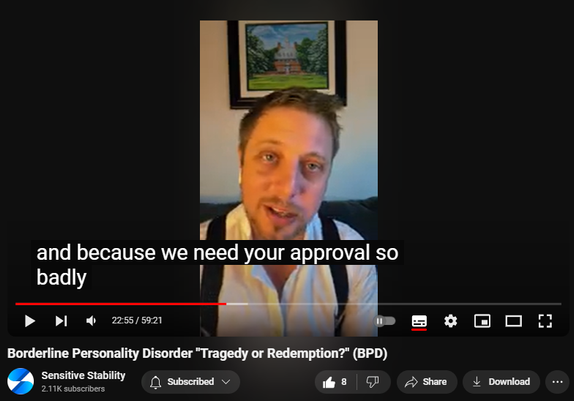 https://www.youtube.com/watch?v=4X5q1od1v9U
Borderline Personality Disorder "Tragedy or Redemption?" (BPD)
64 views  26 Sept 2024
In this episode of the BPD Live Show with Sensitive Stability, host Kevin Reynolds discusses the topic "Tragedy or Redemption?". As a BPD survivor himself, Kevin provides insights into his process of coaching clients through BPD, emphasizing the importance of personal connections and understanding individual stories.