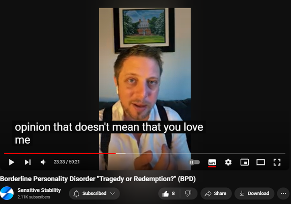 https://www.youtube.com/watch?v=4X5q1od1v9U
Borderline Personality Disorder "Tragedy or Redemption?" (BPD)
64 views  26 Sept 2024
In this episode of the BPD Live Show with Sensitive Stability, host Kevin Reynolds discusses the topic "Tragedy or Redemption?". As a BPD survivor himself, Kevin provides insights into his process of coaching clients through BPD, emphasizing the importance of personal connections and understanding individual stories.