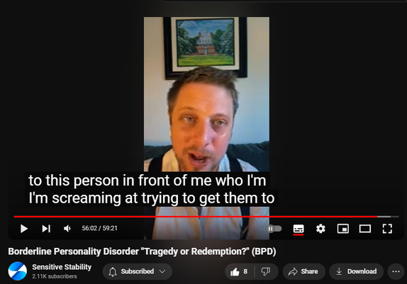 https://www.youtube.com/watch?v=4X5q1od1v9U
Borderline Personality Disorder "Tragedy or Redemption?" (BPD)

64 views  26 Sept 2024
In this episode of the BPD Live Show with Sensitive Stability, host Kevin Reynolds discusses the topic "Tragedy or Redemption?". As a BPD survivor himself, Kevin provides insights into his process of coaching clients through BPD, emphasizing the importance of personal connections and understanding individual stories.