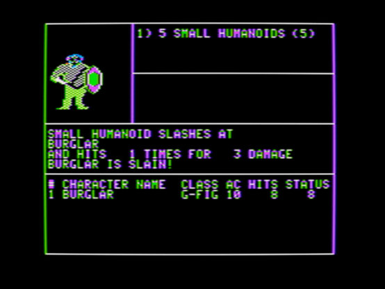 gameplay screenshot from "Wizardry" showing combat sequence, "Small Humaoid slashes at Burglar and hits 1 times for 3 damage. Burglar is slain!"