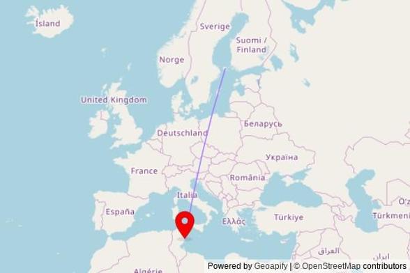 A map showing the great circle route from Sund in Finland to a map pin at Great Mosque, 1 نهج البرج العثماني, 5100 Mahdia, Tunisia
