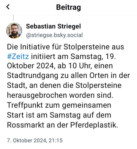 Aufruf zu einem öffentlichen Stadtrundgang der Initiative für Stolpersteine in Zeitz zu den Orten in der Stadt, an denen die Stolpersteine herausgebrochen und entwendet wurden.