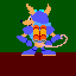 Sparkster, an anthropomorphic opossum with tan fur stands with his back to the audience, looking over his shoulder, smiling. He's clad in blue plate armor with an orange jetpack strapped to his back.