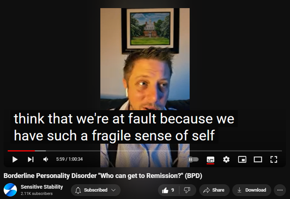 https://www.youtube.com/watch?v=_MrnEySPDC0
Borderline Personality Disorder "Who can get to Remission?" (BPD)
65 views  25 Sept 2024
In this episode of the BPD Live Show with Sensitive Stability, host Kevin Reynolds discusses the topic  "Who can get to Remission?" As a BPD survivor himself, Kevin provides insights into his process of coaching clients through BPD, emphasizing the importance of personal connections and understanding individual stories.