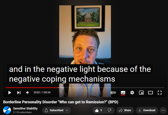 https://www.youtube.com/watch?v=_MrnEySPDC0
Borderline Personality Disorder "Who can get to Remission?" (BPD)
65 views  25 Sept 2024
In this episode of the BPD Live Show with Sensitive Stability, host Kevin Reynolds discusses the topic  "Who can get to Remission?" As a BPD survivor himself, Kevin provides insights into his process of coaching clients through BPD, emphasizing the importance of personal connections and understanding individual stories.