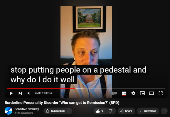 https://www.youtube.com/watch?v=_MrnEySPDC0
Borderline Personality Disorder "Who can get to Remission?" (BPD)
65 views  25 Sept 2024
In this episode of the BPD Live Show with Sensitive Stability, host Kevin Reynolds discusses the topic  "Who can get to Remission?" As a BPD survivor himself, Kevin provides insights into his process of coaching clients through BPD, emphasizing the importance of personal connections and understanding individual stories.